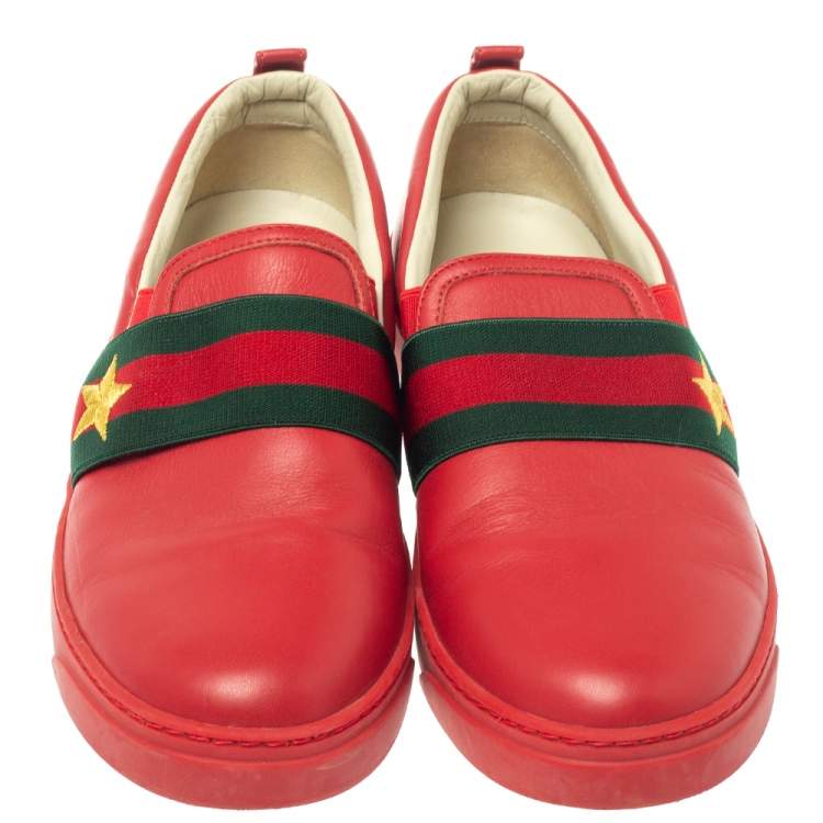 Pre Owned Gucci Red Leather Web Band Slip On Sneakers Size 36