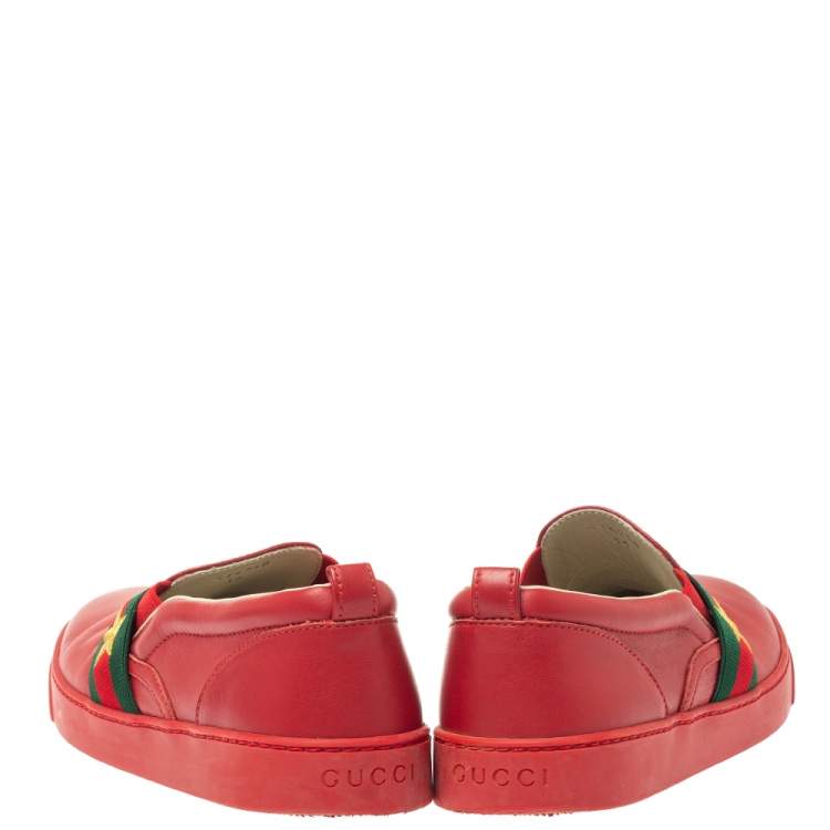 Pre Owned Gucci Red Leather Web Band Slip On Sneakers Size 36
