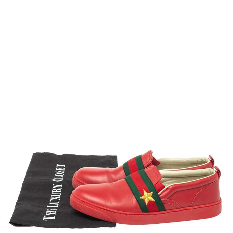 Pre Owned Gucci Red Leather Web Band Slip On Sneakers Size 36