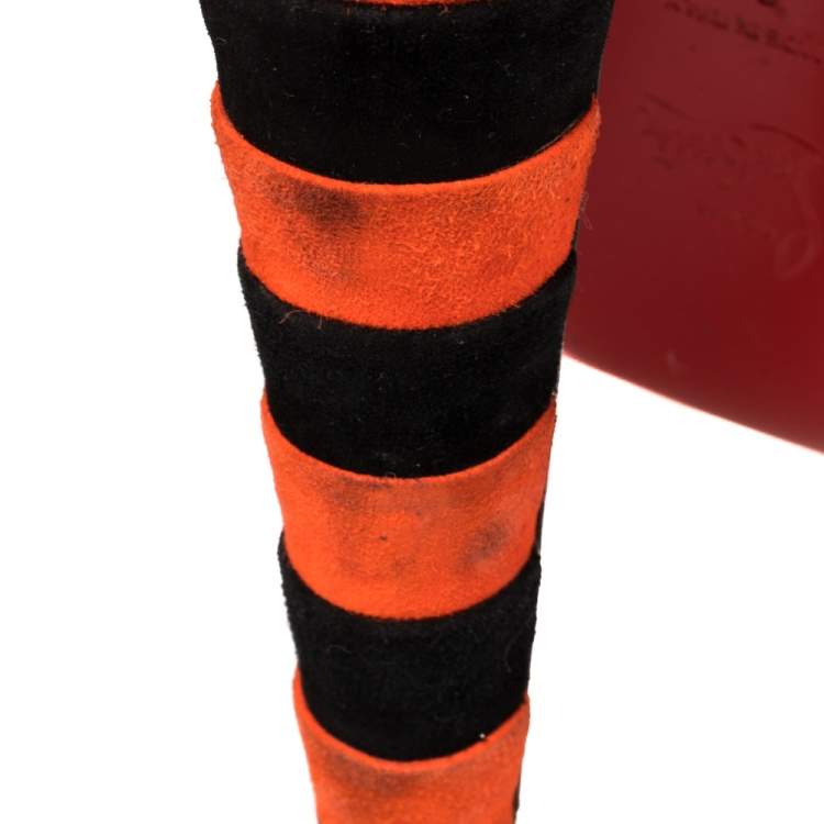 Pre Owned Christian Louboutin Black/Orange Suede Striped Platform Peep Toe Sandals Size 36
