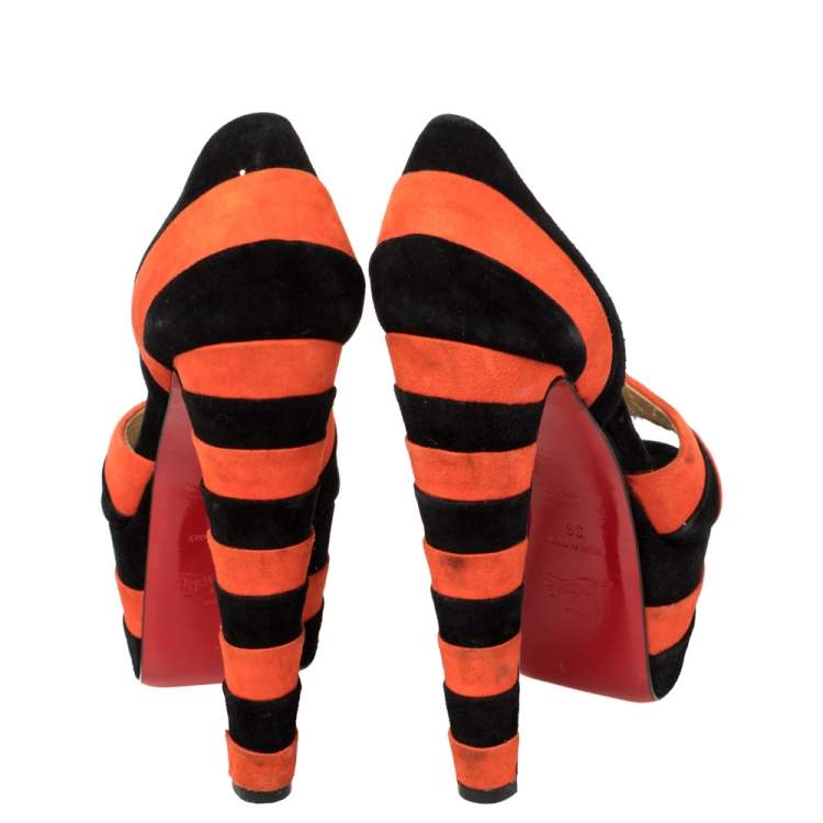 Pre Owned Christian Louboutin Black/Orange Suede Striped Platform Peep Toe Sandals Size 36