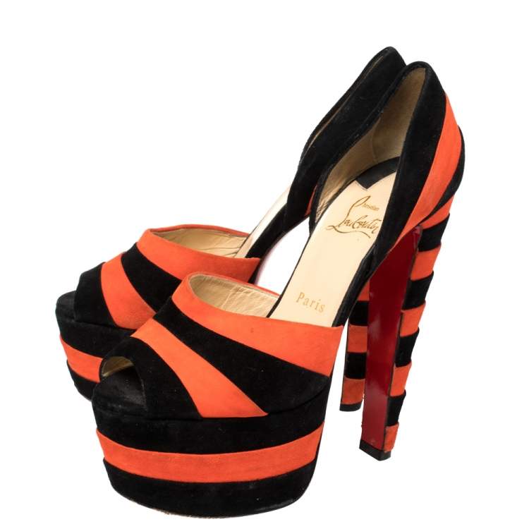 Pre Owned Christian Louboutin Black/Orange Suede Striped Platform Peep Toe Sandals Size 36