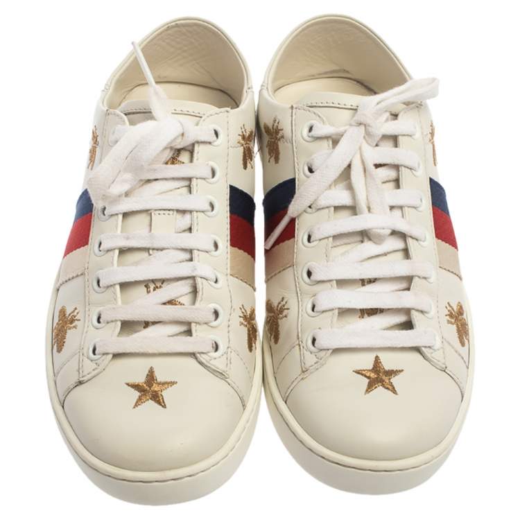 مملوكة مسبقًا Gucci White Leather Ace Bee Star Sneakers Size 35
