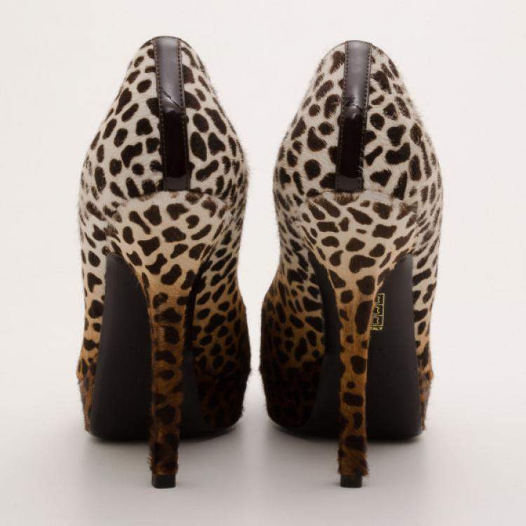 Pre Owned Gucci Leopard Print Calf-Hair Platform Pumps Size 36.5