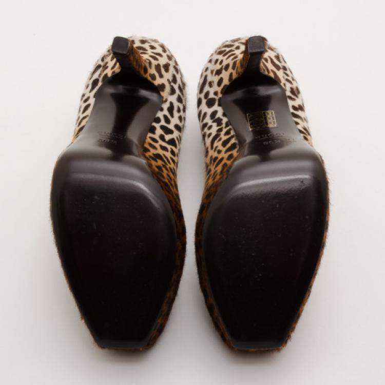 Pre Owned Gucci Leopard Print Calf-Hair Platform Pumps Size 36.5