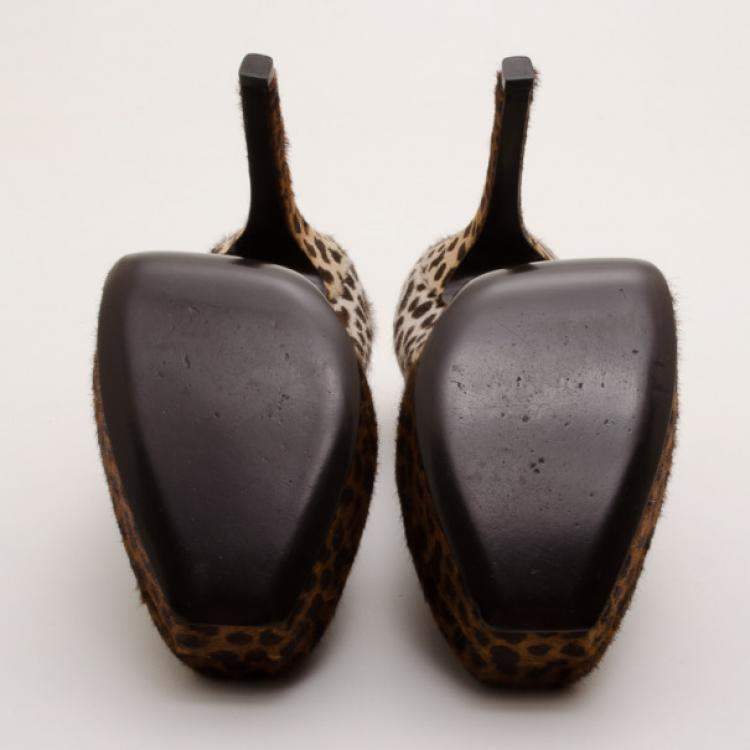 Pre Owned Gucci Leopard Print Calf-Hair Platform Pumps Size 36.5