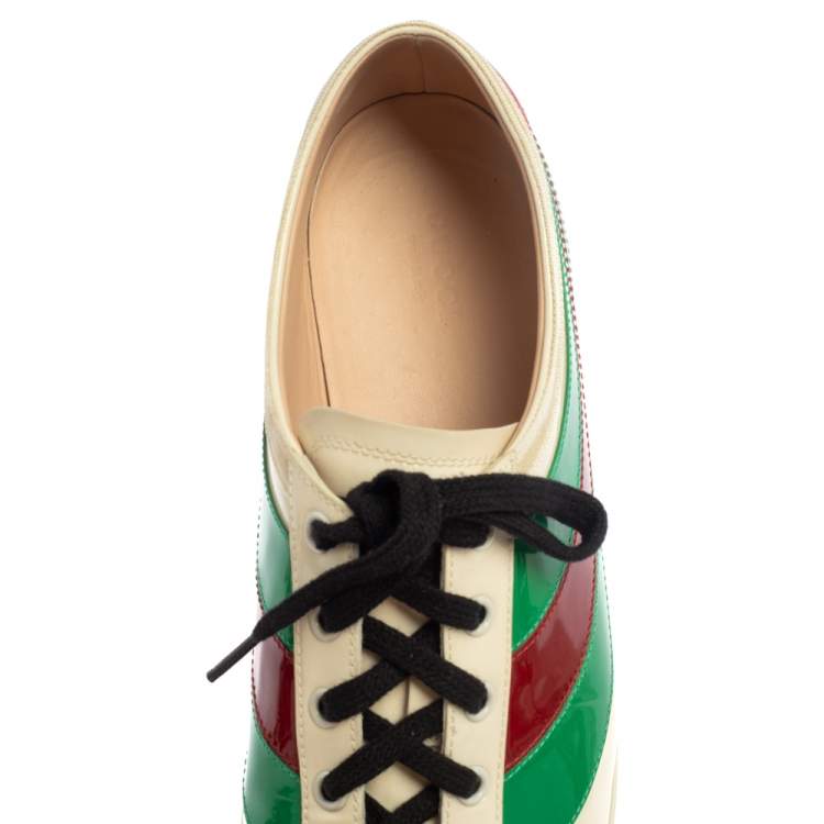 Pre Owned Gucci White Patent Leather Falacer Web Low Top Sneakers Size 40