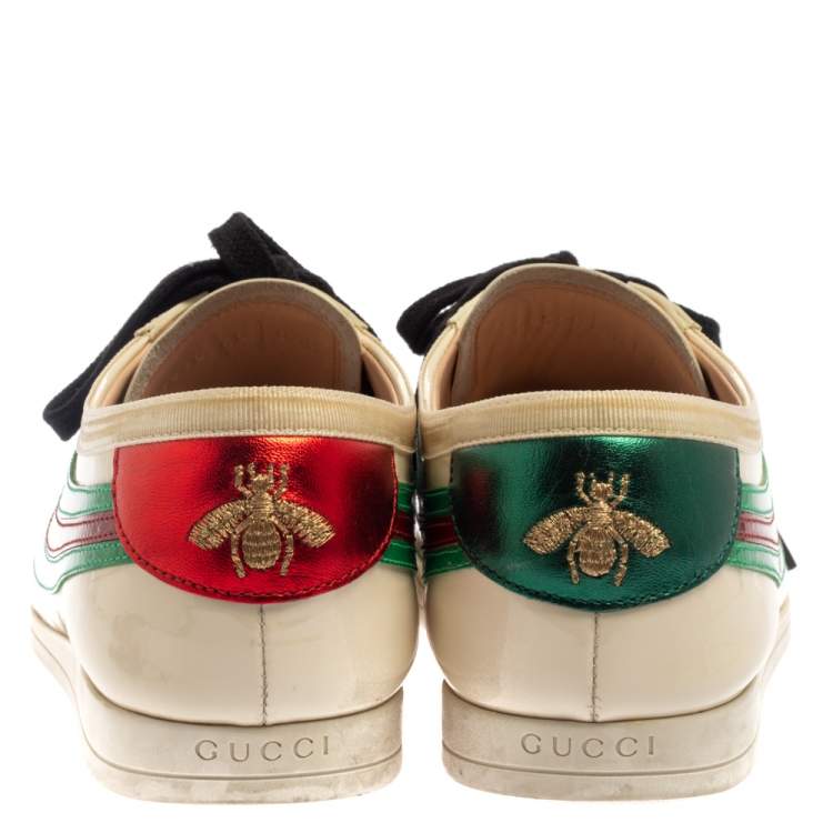 Pre Owned Gucci White Patent Leather Falacer Web Low Top Sneakers Size 40