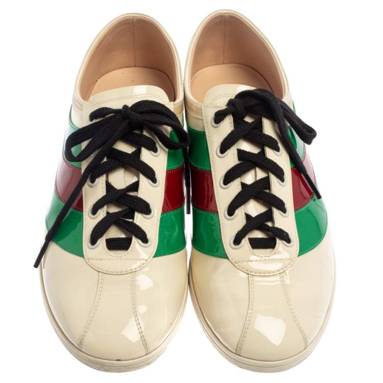 Pre Owned Gucci White Patent Leather Falacer Web Low Top Sneakers Size 40
