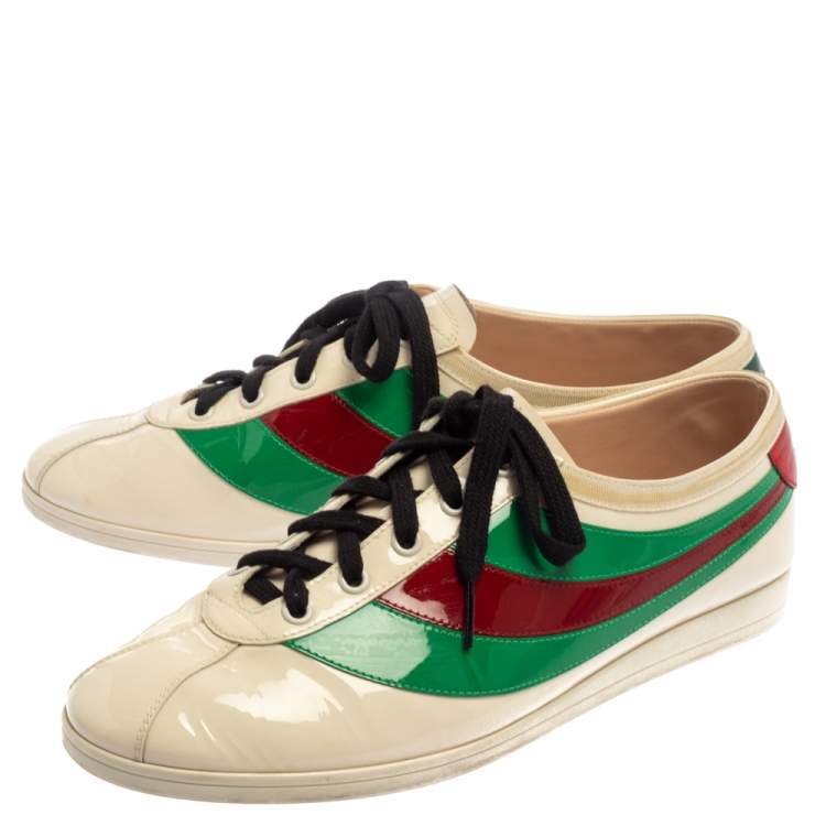 Pre Owned Gucci White Patent Leather Falacer Web Low Top Sneakers Size 40