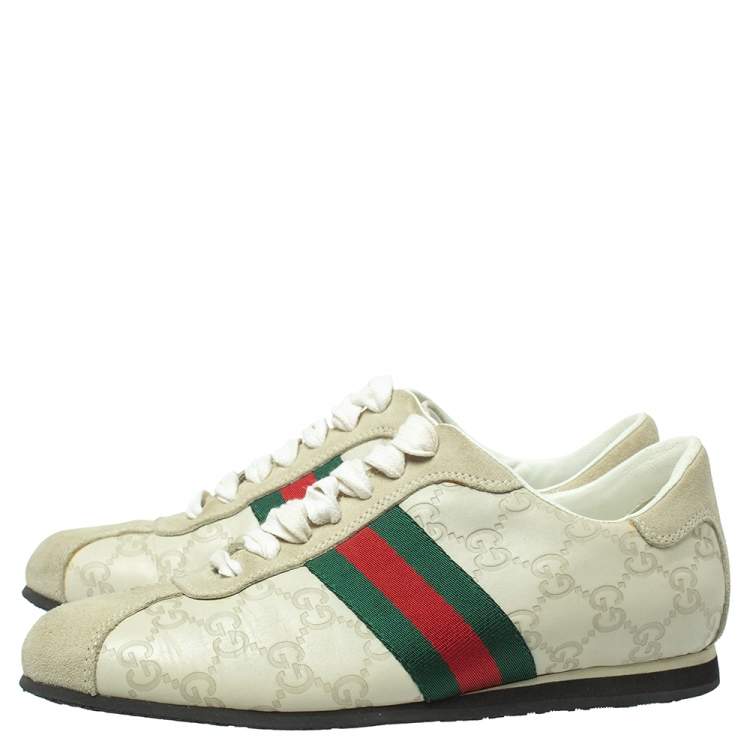 Pre Owned Gucci White Guccissima Leather And Suede Web Low Top Sneakers Size 37