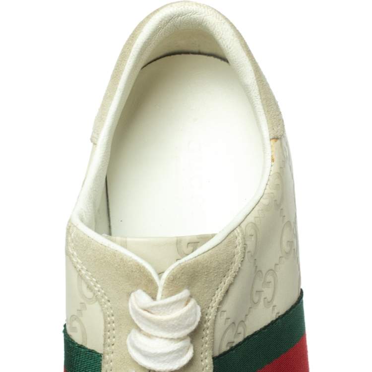 Pre Owned Gucci White Guccissima Leather And Suede Web Low Top Sneakers Size 37