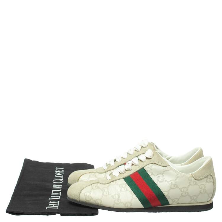 Pre Owned Gucci White Guccissima Leather And Suede Web Low Top Sneakers Size 37