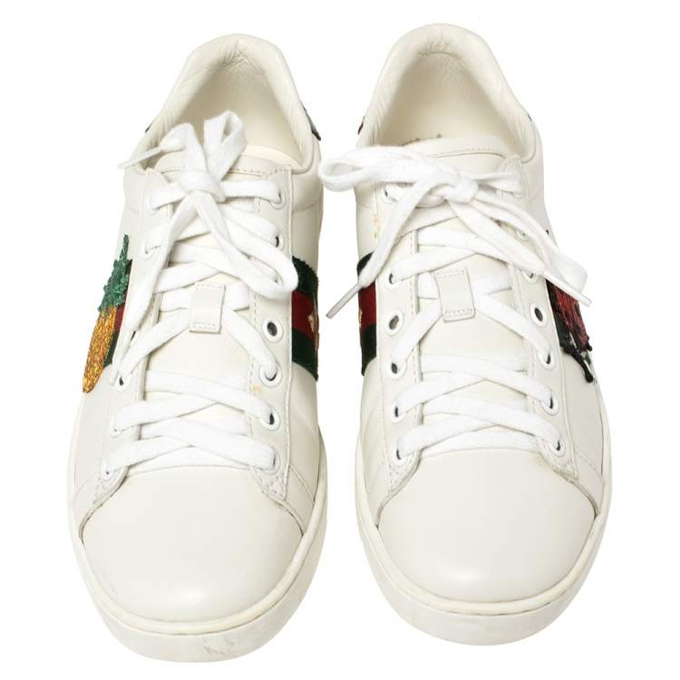 Pre Owned Gucci White Leather Embroidered Ladybird And Pineapple Ace Sneakers Size 37