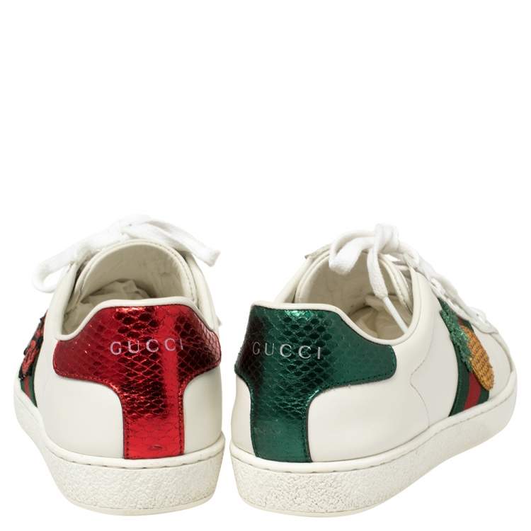 Pre Owned Gucci White Leather Embroidered Ladybird And Pineapple Ace Sneakers Size 37