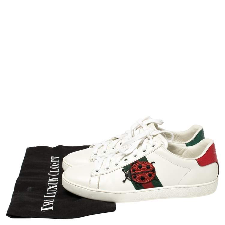 Pre Owned Gucci White Leather Embroidered Ladybird And Pineapple Ace Sneakers Size 37