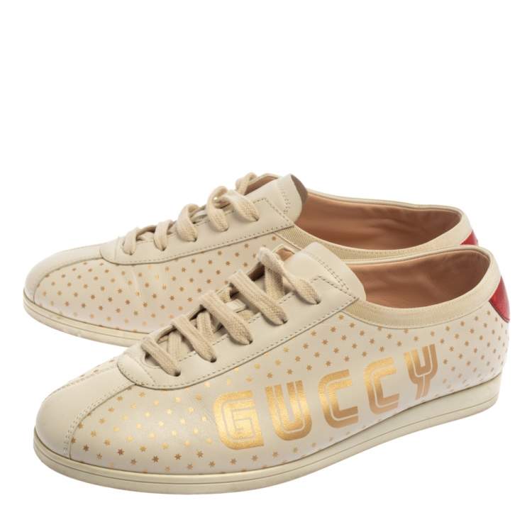 Pre Owned Gucci Off White Leather  Falacer Logo Sneakers Size 38.5