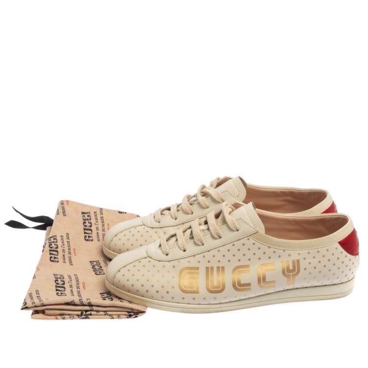 Pre Owned Gucci Off White Leather  Falacer Logo Sneakers Size 38.5