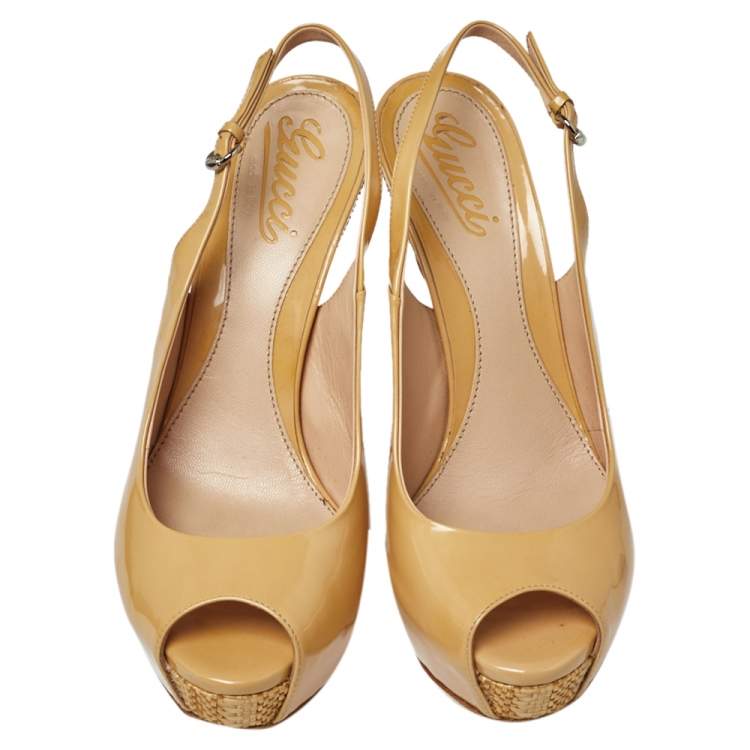 Pre Owned Gucci Beige Patent Peep Toe Platform Ankle Strap Cut Out Sandals Size 38