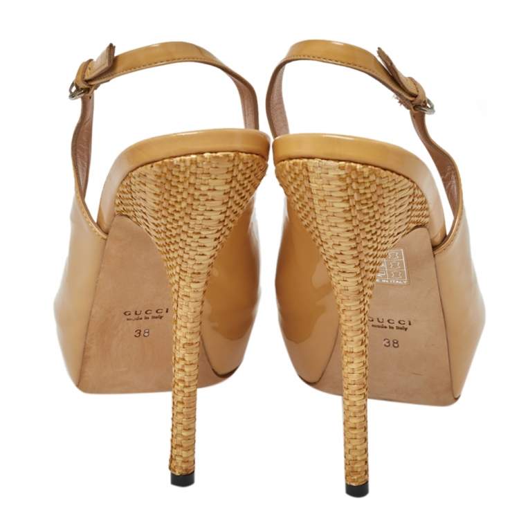 Pre Owned Gucci Beige Patent Peep Toe Platform Ankle Strap Cut Out Sandals Size 38