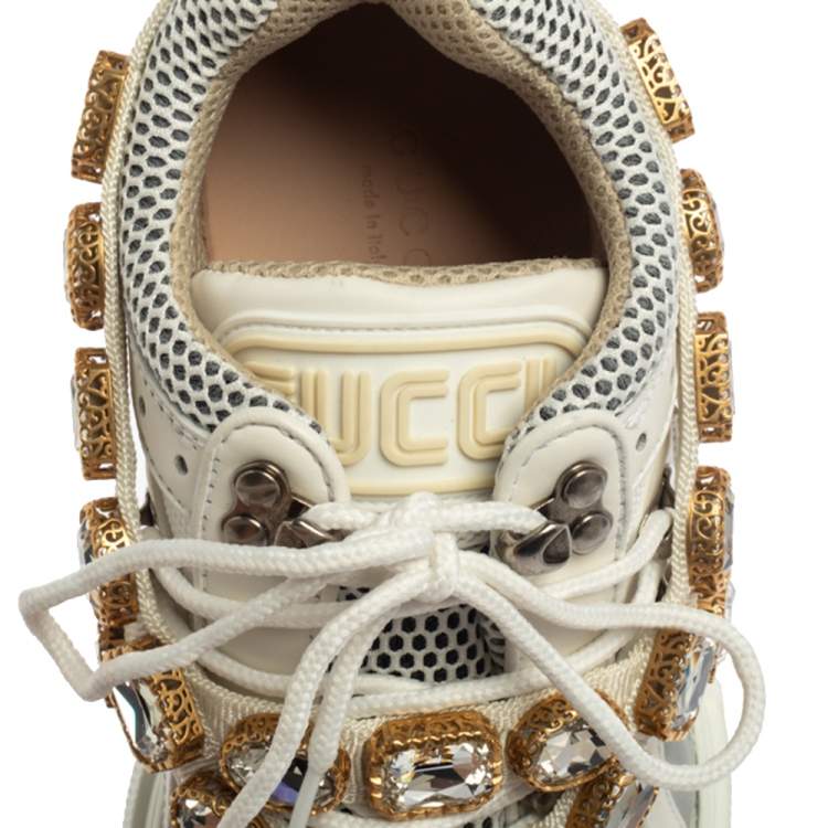 Pre Owned Gucci White Leather And Mesh Flashtrek Embellished Low To Sneakers Size 36.5 