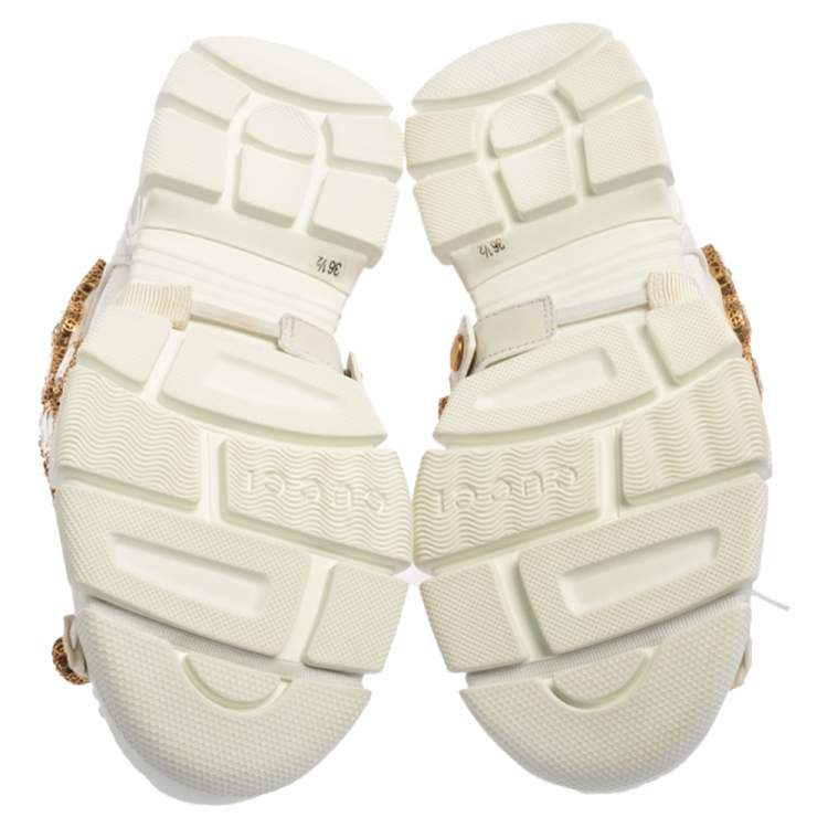 Pre Owned Gucci White Leather And Mesh Flashtrek Embellished Low To Sneakers Size 36.5 