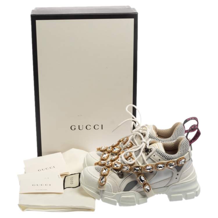 Pre Owned Gucci White Leather And Mesh Flashtrek Embellished Low To Sneakers Size 36.5 