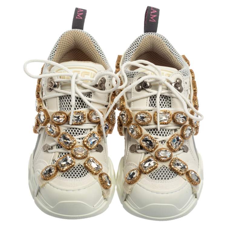 Pre Owned Gucci White Leather And Mesh Flashtrek Embellished Low To Sneakers Size 36.5 