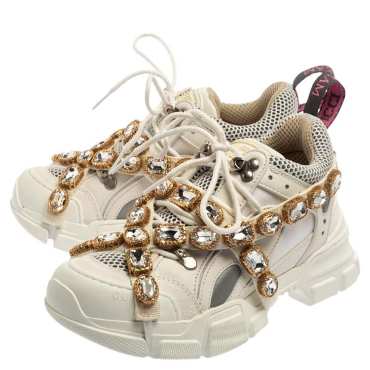 Pre Owned Gucci White Leather And Mesh Flashtrek Embellished Low To Sneakers Size 36.5 