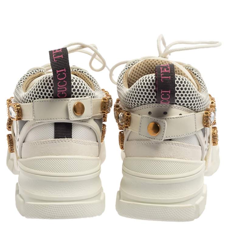 Pre Owned Gucci White Leather And Mesh Flashtrek Embellished Low To Sneakers Size 36.5 
