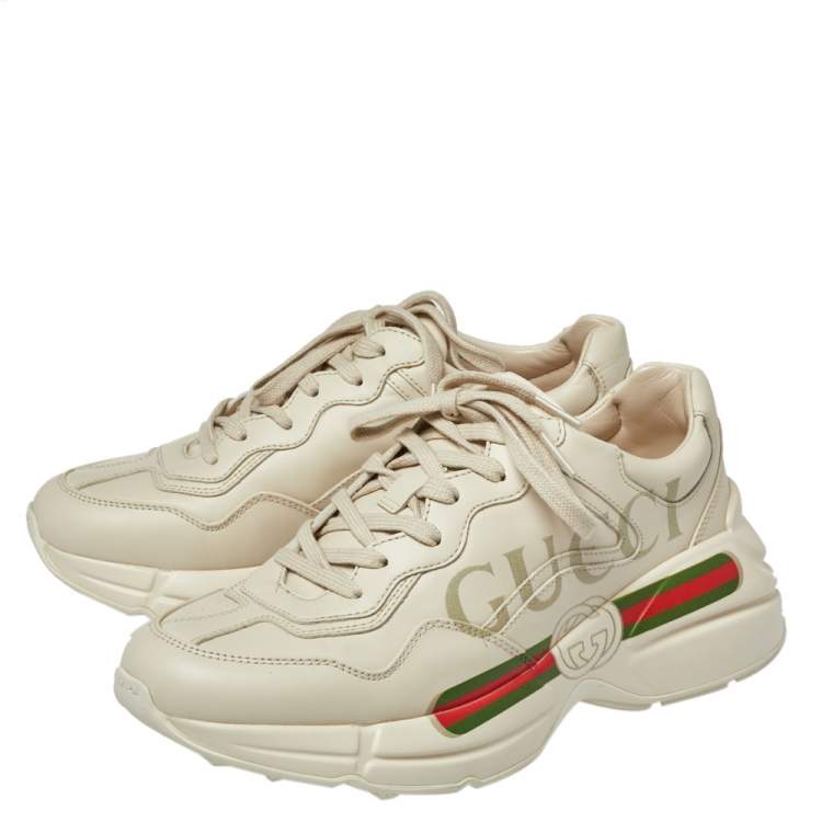 Pre Owned Gucci Light Off White Leather Rhyton Gucci Logo Low Top Sneakers Size 36