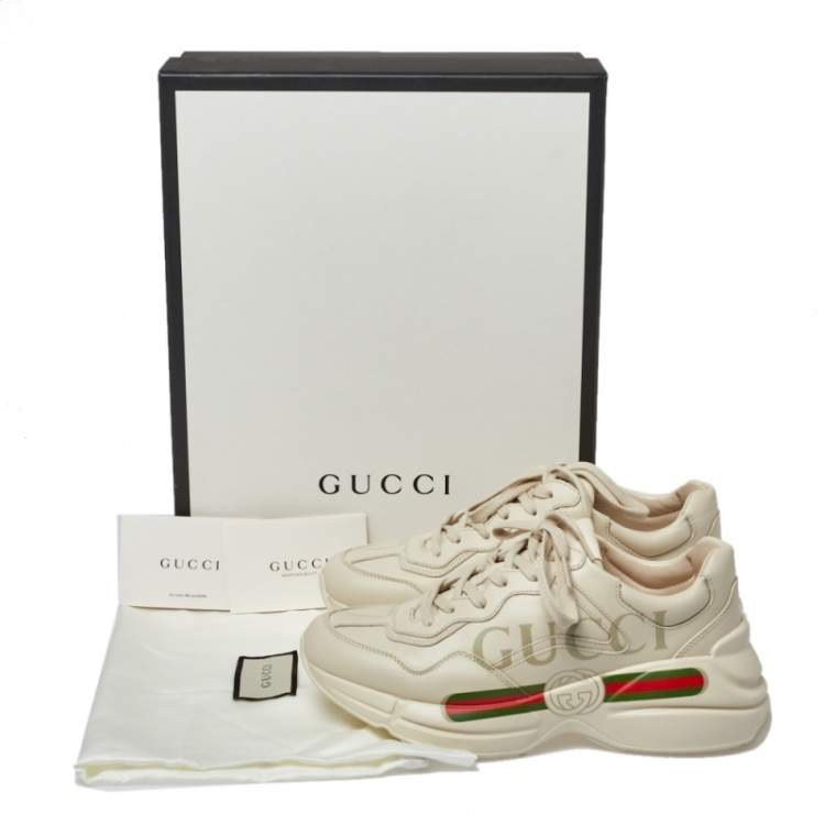 Pre Owned Gucci Light Off White Leather Rhyton Gucci Logo Low Top Sneakers Size 36