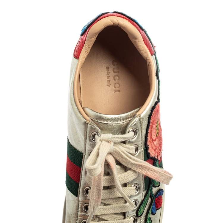 Pre Owned Gucci Silver Metallic Leather Ace Embroidered Low Top Sneakers Size 36.5