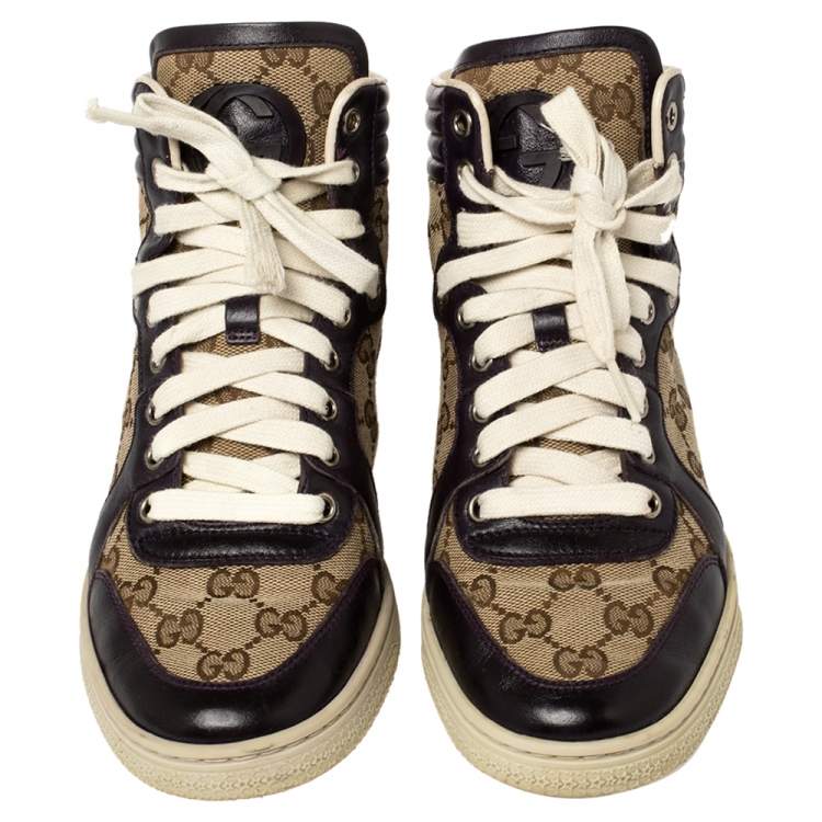 Pre Owned Gucci Beige GG Canvas And Leather High Top Sneakers Size 36.5