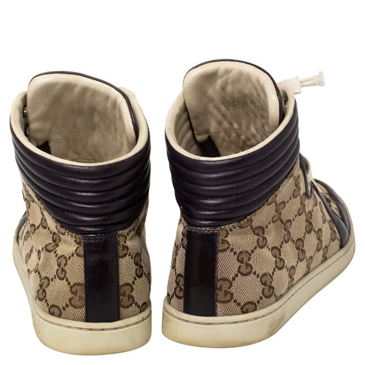 Pre Owned Gucci Beige GG Canvas And Leather High Top Sneakers Size 36.5