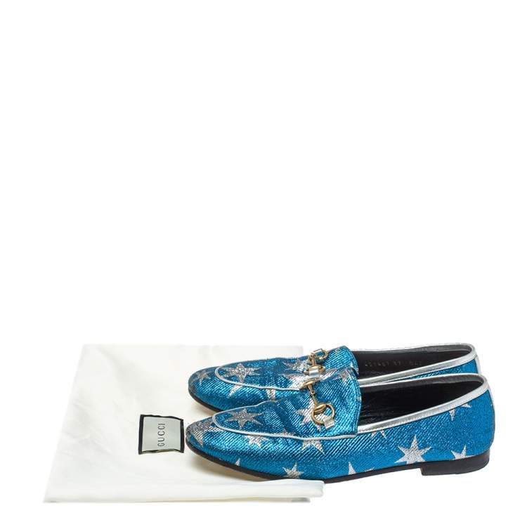 Pre Owned Gucci Blue Glitter Fabric Jordaan Star Lurex Horsebit Loafers Size 37