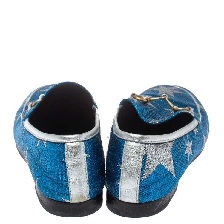 Pre Owned Gucci Blue Glitter Fabric Jordaan Star Lurex Horsebit Loafers Size 37