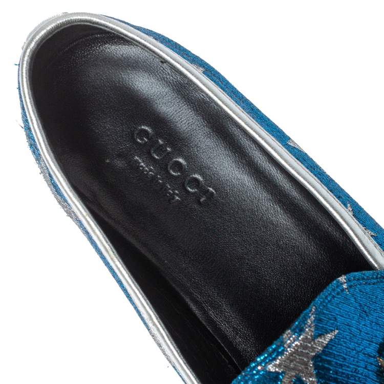 Pre Owned Gucci Blue Glitter Fabric Jordaan Star Lurex Horsebit Loafers Size 37