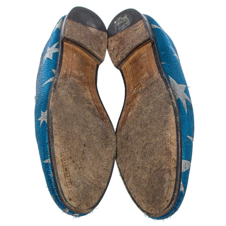 Pre Owned Gucci Blue Glitter Fabric Jordaan Star Lurex Horsebit Loafers Size 37