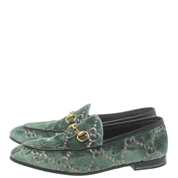 Pre Owned Gucci Green GG Velvet And Leather Jordaan Horsebit Loafers Size 37