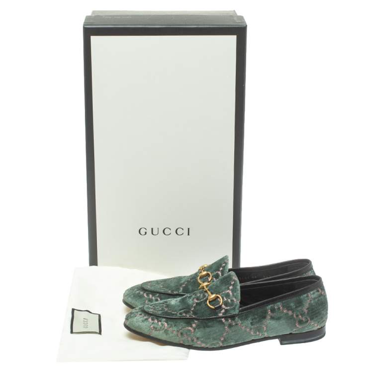 Pre Owned Gucci Green GG Velvet And Leather Jordaan Horsebit Loafers Size 37