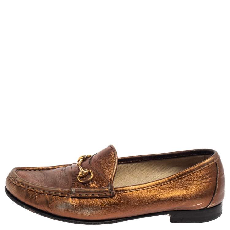 Pre Owned Gucci Metallic Gold Leather Horsebit  Loafers Size 36