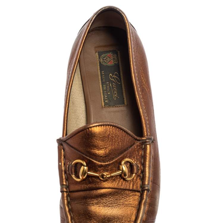 Pre Owned Gucci Metallic Gold Leather Horsebit  Loafers Size 36