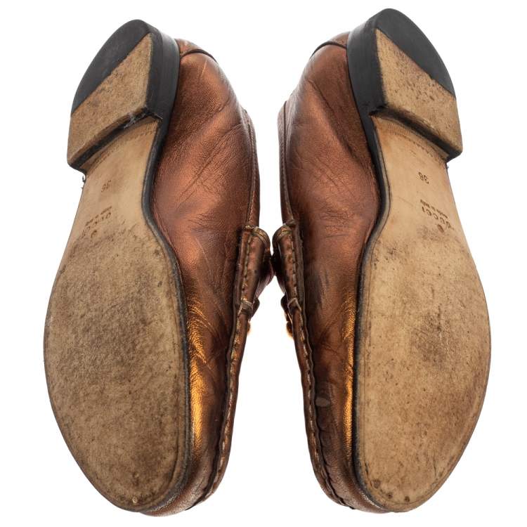 Pre Owned Gucci Metallic Gold Leather Horsebit  Loafers Size 36