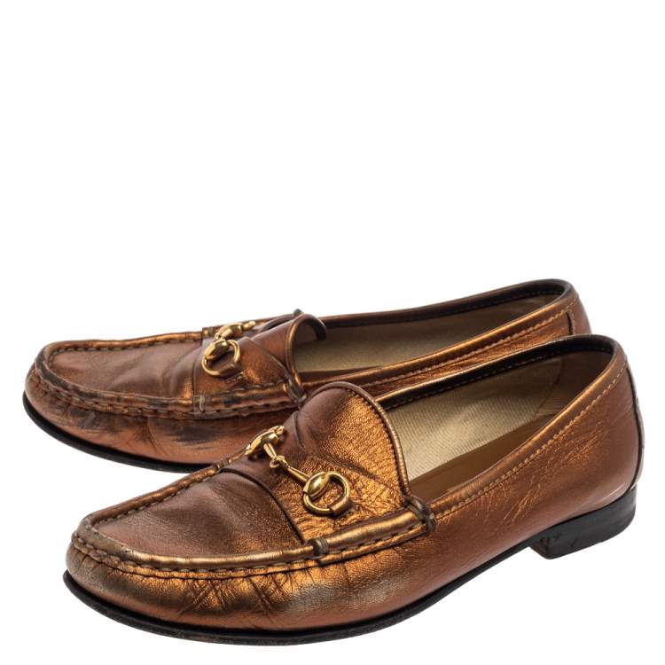Pre Owned Gucci Metallic Gold Leather Horsebit  Loafers Size 36