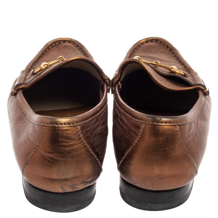 Pre Owned Gucci Metallic Gold Leather Horsebit  Loafers Size 36