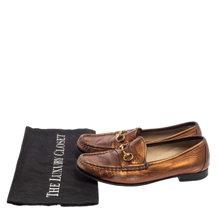 Pre Owned Gucci Metallic Gold Leather Horsebit  Loafers Size 36
