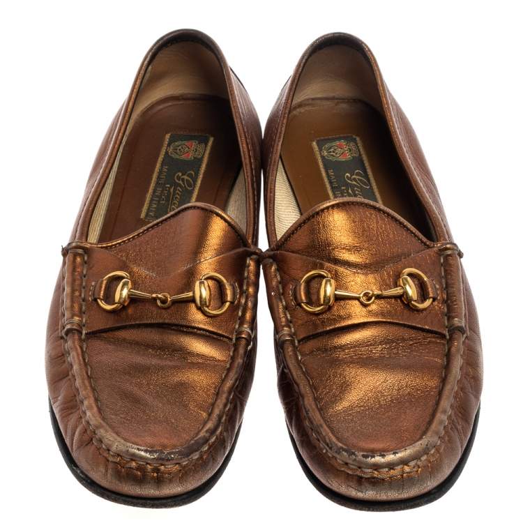 Pre Owned Gucci Metallic Gold Leather Horsebit  Loafers Size 36