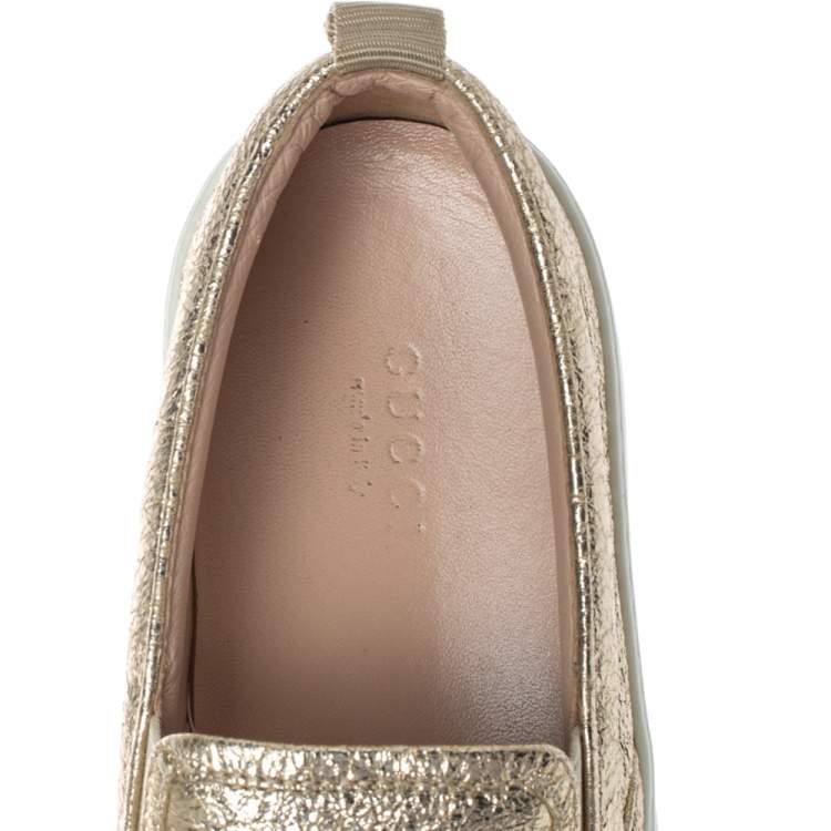 Pre Owned Gucci Metallic Gold Foil Leather Slip On Sneakers Size 37