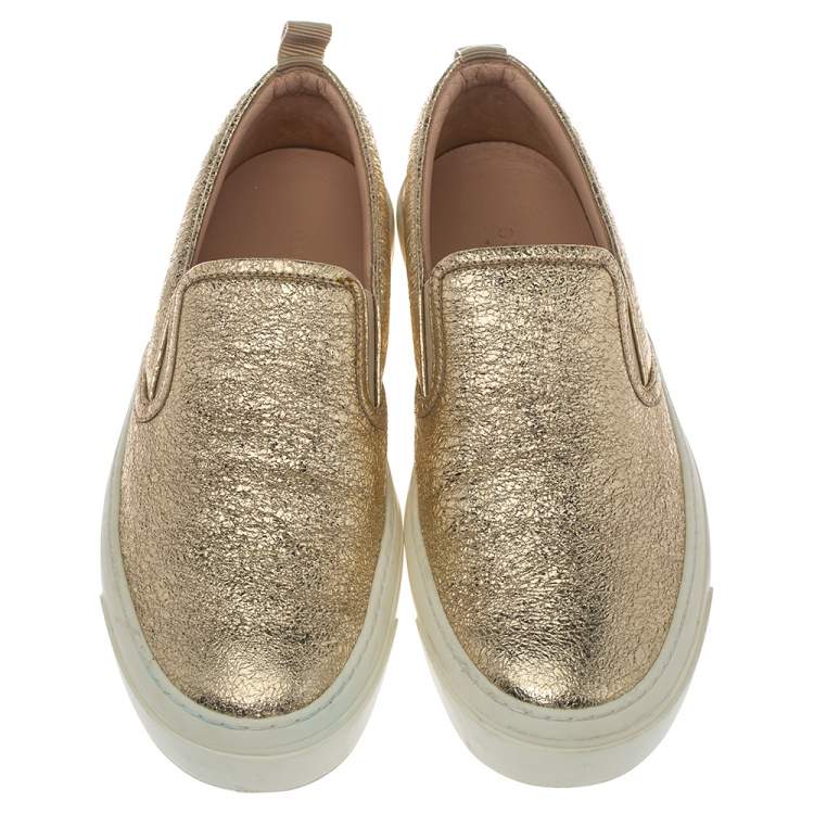 Pre Owned Gucci Metallic Gold Foil Leather Slip On Sneakers Size 37